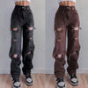 Frayed elastic retro hole loose and thin European and American Harajuku street hip-hop trend Y2K straight jeans women