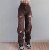 Frayed elastic retro hole loose and thin European and American Harajuku street hip-hop trend Y2K straight jeans women