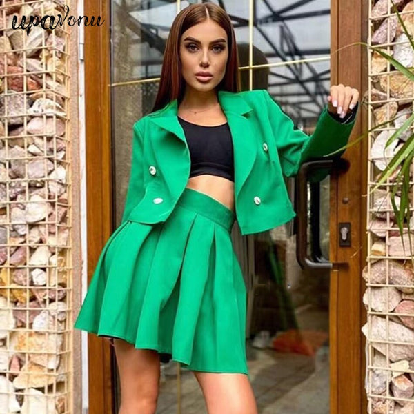 Women's British Style Suit Long Sleeve Double Breasted Short Blazer & Mini Pleated Skirt Two Piece Sets