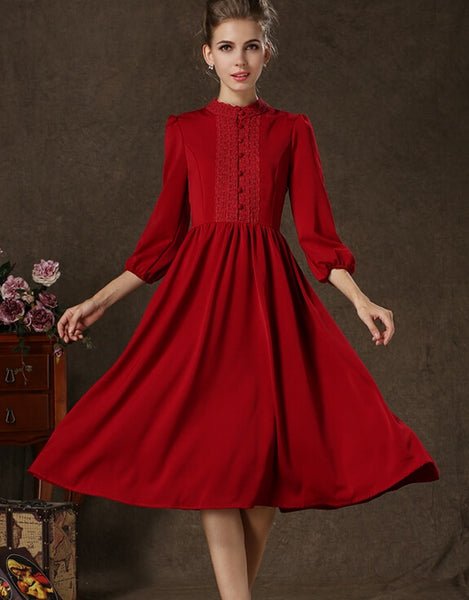 Retro Stand Collar High Waist Puff Sleeve Woman Chiffon Long Dress Red