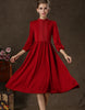 Retro Stand Collar High Waist Puff Sleeve Woman Chiffon Long Dress Red