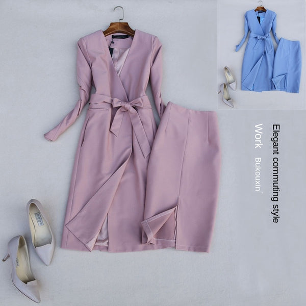 Spring and Autumn Suit Female Mid-length Was Thin Suit Jacket Trench Coat High Waist Suit Skirt