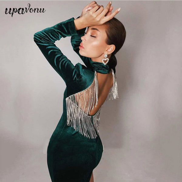 Black Green Sexy Backless Diamonds Tassel Rayon Velvet Dress Evening Party Dresses Vestidos