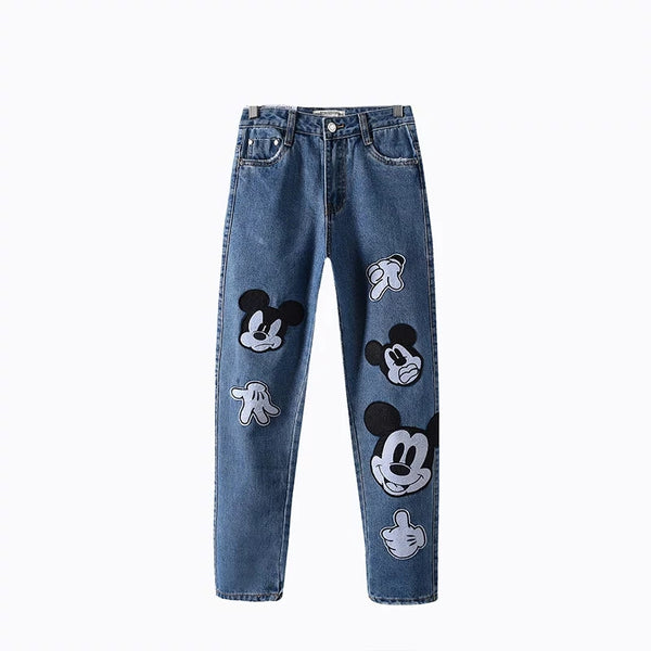Freeshipping jeans woman jeans European and American wind cute mickey patchwork mom jeans personality denim pants plus size