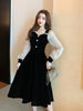 French Autumn Mid Puff Long Sleeve Black Velvet Dress Women Square Collar Polka Dot Slim Retro Oversize Vestidos