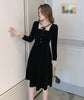 French Autumn Mid Puff Long Sleeve Black Velvet Dress Women Square Collar Polka Dot Slim Retro Oversize Vestidos
