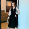 French Autumn Mid Puff Long Sleeve Black Velvet Dress Women Square Collar Polka Dot Slim Retro Oversize Vestidos