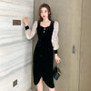 French Autumn Mid Puff Long Sleeve Black Velvet Dress Women Square Collar Polka Dot Slim Retro Oversize Vestidos