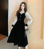 French Autumn Mid Puff Long Sleeve Black Velvet Dress Women Square Collar Polka Dot Slim Retro Oversize Vestidos