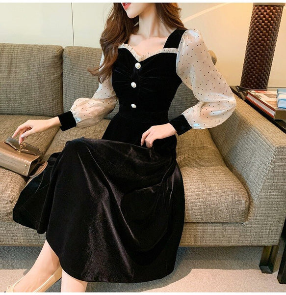 French Autumn Mid Puff Long Sleeve Black Velvet Dress Women Square Collar Polka Dot Slim Retro Oversize Vestidos