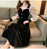French Autumn Mid Puff Long Sleeve Black Velvet Dress Women Square Collar Polka Dot Slim Retro Oversize Vestidos