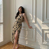French Design Sexy Niche Wear Split Sheath Improved Cheongsam Waist-Tight Floral Strap Dress for Women Summer