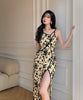 French Design Sexy Niche Wear Split Sheath Improved Cheongsam Waist-Tight Floral Strap Dress for Women Summer