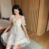 French Floral Dress Women Sexy Puff Sleeve Lace Chiffon Print Mini Dress Women Summer Korean Style Vintage Fairy Dress 2023