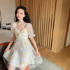 French Floral Dress Women Sexy Puff Sleeve Lace Chiffon Print Mini Dress Women Summer Korean Style Vintage Fairy Dress 2023