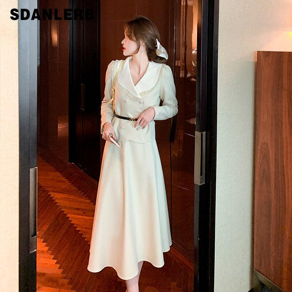French Gentle Suit for Women 2023 Spring Korean Style Long Sleeve Coat Waist Slimming A- Line Skirt Elegant Two-Piece Set