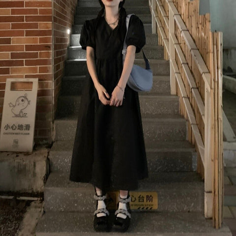 French Hepburn Style Black Maxi Long Autumn Dress Elegant Casual Loose Young Women Summer Korean Japan Clothes Harajuku
