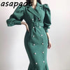 French Notched Pearl Double Breasted Temperament Elegant Dress Long Slim Warp Hip Empire Full Puff Sleeve Mermaid Dress Bandage