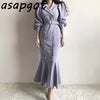 French Notched Pearl Double Breasted Temperament Elegant Dress Long Slim Warp Hip Empire Full Puff Sleeve Mermaid Dress Bandage