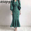 French Notched Pearl Double Breasted Temperament Elegant Dress Long Slim Warp Hip Empire Full Puff Sleeve Mermaid Dress Bandage