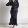 French Notched Pearl Double Breasted Temperament Elegant Dress Long Slim Warp Hip Empire Full Puff Sleeve Mermaid Dress Bandage