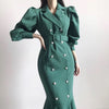 French Notched Pearl Double Breasted Temperament Elegant Dress Long Slim Warp Hip Empire Full Puff Sleeve Mermaid Dress Bandage