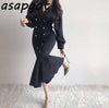 French Notched Pearl Double Breasted Temperament Elegant Dress Long Slim Warp Hip Empire Full Puff Sleeve Mermaid Dress Bandage