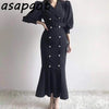 French Notched Pearl Double Breasted Temperament Elegant Dress Long Slim Warp Hip Empire Full Puff Sleeve Mermaid Dress Bandage