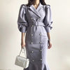 French Notched Pearl Double Breasted Temperament Elegant Dress Long Slim Warp Hip Empire Full Puff Sleeve Mermaid Dress Bandage