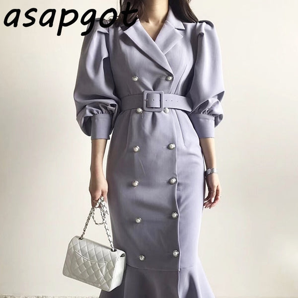 French Notched Pearl Double Breasted Temperament Elegant Dress Long Slim Warp Hip Empire Full Puff Sleeve Mermaid Dress Bandage