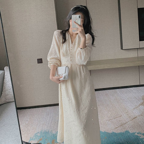 French Puff Sleeve Midi Dress Vintage Designer Women Korean Sequins Dress 2022 Elegant Fairy Spring Wedding Party Female Clothes