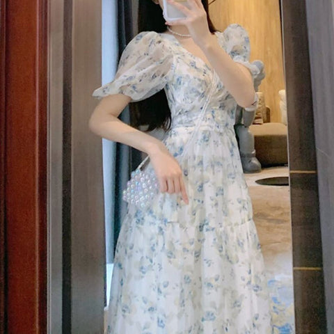 French Retro Elegan Floral Dress Women High Waist V-Neck Vintage Midi Dress Korean Short Sleeve Beach Outing Sweet Dress 2022