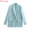 French Style 2023 Vintage Women's Light Blue Double Breasted Blazer Lapel Office White Long Sleeve Chic Top