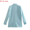 French Style 2023 Vintage Women's Light Blue Double Breasted Blazer Lapel Office White Long Sleeve Chic Top