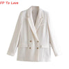 French Style 2023 Vintage Women's Light Blue Double Breasted Blazer Lapel Office White Long Sleeve Chic Top