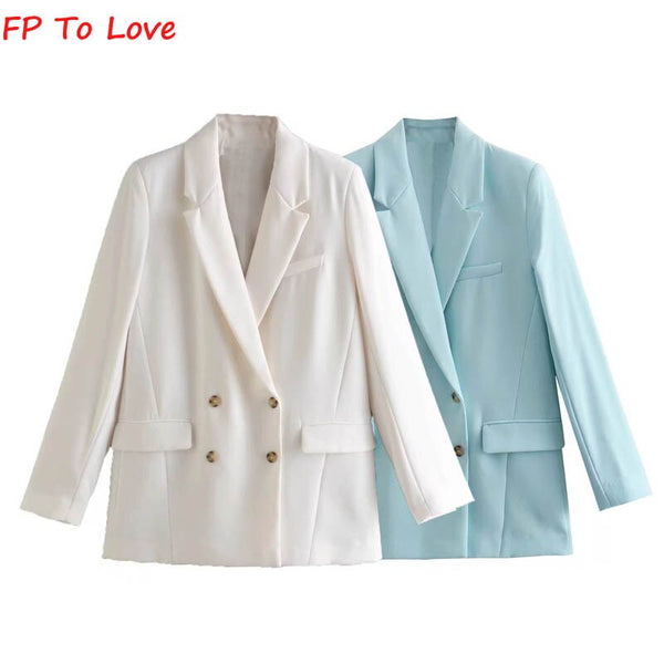 French Style 2023 Vintage Women's Light Blue Double Breasted Blazer Lapel Office White Long Sleeve Chic Top