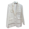 French Style Loose Flower Rhinestone White Suit Coat Women Elegant Suit Collar Padded Shoulder Long Sleeve Pocket Blazer Jacket