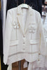 French Style Loose Flower Rhinestone White Suit Coat Women Elegant Suit Collar Padded Shoulder Long Sleeve Pocket Blazer Jacket