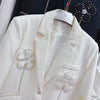 French Style Loose Flower Rhinestone White Suit Coat Women Elegant Suit Collar Padded Shoulder Long Sleeve Pocket Blazer Jacket