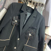 French Style Loose Flower Rhinestone White Suit Coat Women Elegant Suit Collar Padded Shoulder Long Sleeve Pocket Blazer Jacket