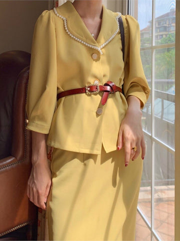 French Style Vintage 2 Piece Sets Vintage Women Suit Pearl Notched Sashes Blazer+ Skirt Elegant Office Lady Chic Suits