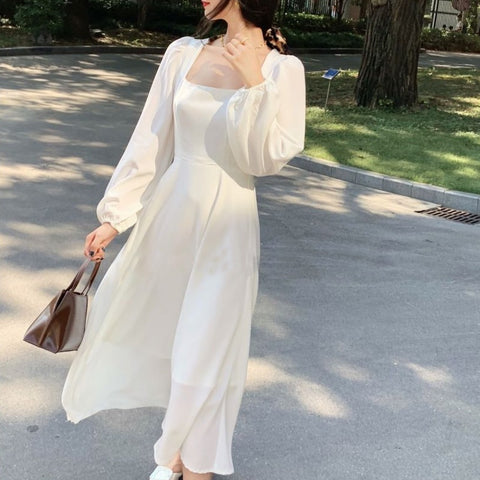 French Vintage White Midi Dress Women Casual Long Sleeve 2022 Autumn Clothes Korea Evening Party Pure Color Dress Office Lady
