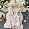 French dress 2023 spring and summer retro heavy industry embroidery print short sweet ruffled suspender skirt