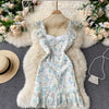 French dress 2023 spring and summer retro heavy industry embroidery print short sweet ruffled suspender skirt