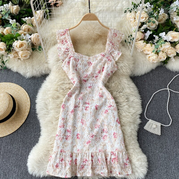 French dress 2023 spring and summer retro heavy industry embroidery print short sweet ruffled suspender skirt