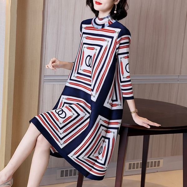 French high-end print Miyake pleated dress spring 2023 loose plus size age-reducing mother women's dress