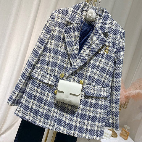 French woolen double-breasted plaid loose blazer women winter thick tweed temperament small suit