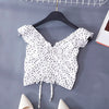 Fungus Short Sling V-neck Drawstring Shirts Sweet Ruffled Polka Dots Pleated Blouses Slim Tank Short Butterfly Sleeve Crop Tops