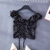 Fungus Short Sling V-neck Drawstring Shirts Sweet Ruffled Polka Dots Pleated Blouses Slim Tank Short Butterfly Sleeve Crop Tops