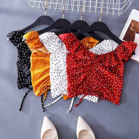 Fungus Short Sling V-neck Drawstring Shirts Sweet Ruffled Polka Dots Pleated Blouses Slim Tank Short Butterfly Sleeve Crop Tops